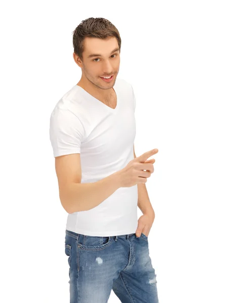 Férfi fehér inget, rámutatva az ujját — Stock Fotó