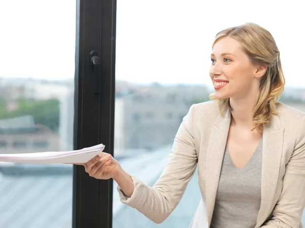 Happy woman with documents — Stock Photo, Image
