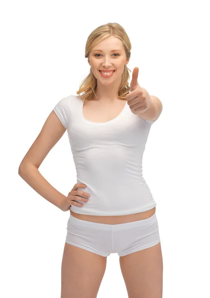 Woman in cotton undrewear with thumbs up — Stock Photo, Image
