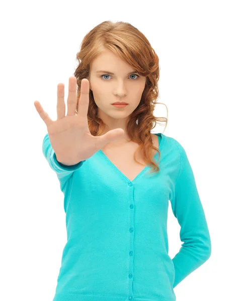 Fiatal nő tesz stop gesztus — Stock Fotó