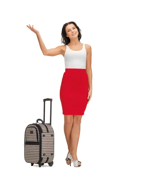 Donna felice con saluto valigia — Foto Stock