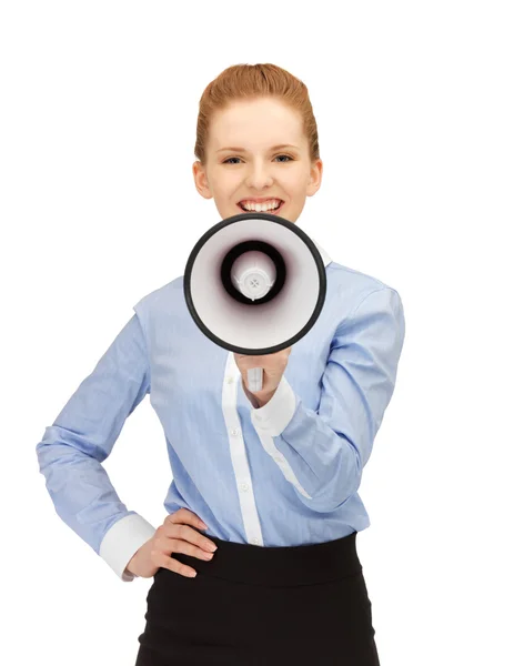 Donna felice con megafono — Foto Stock