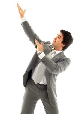 Businessman showing imaginary product clipart