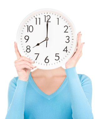 Woman with big clock covering face clipart