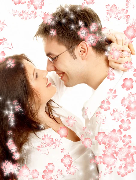 Sweet pár s červenými květy — Stock fotografie