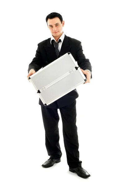 Uomo d'affari che mostra contenitore di metallo — Foto Stock