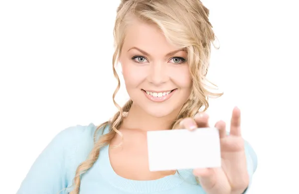 Happy girl with business card — Stock Photo, Image