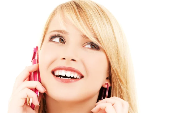 Chica feliz con teléfono rosa —  Fotos de Stock