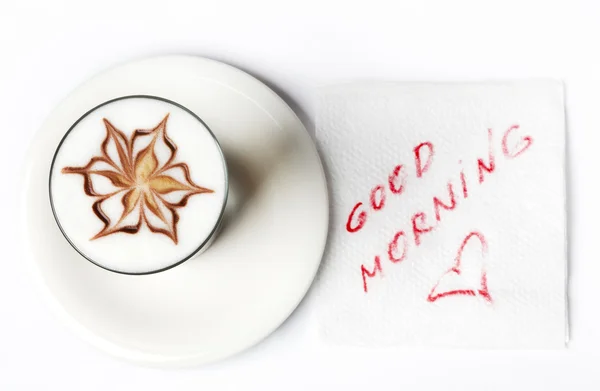 Barista latte vaso de café con buena nota de la mañana — Foto de Stock