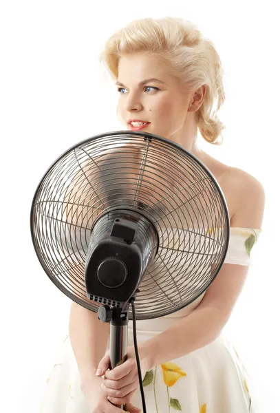 Dona de casa com ventilador jogar pop star — Fotografia de Stock