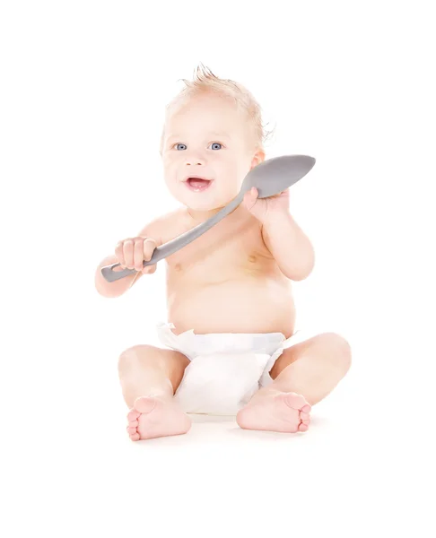 Babyjongen met grote lepel — Stockfoto