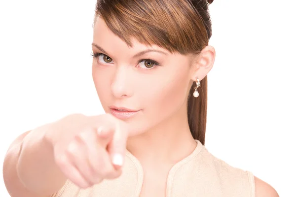 Woman pointing her finger — Stock Photo, Image