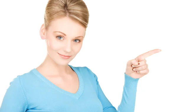 Woman pointing her finger — Stock Photo, Image