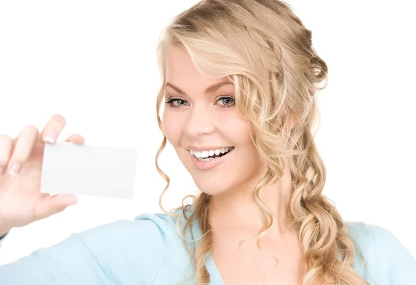 Щаслива дівчина з візитною карткою — стокове фото