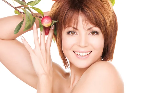 Happy woman with apple twig — Stock Photo, Image