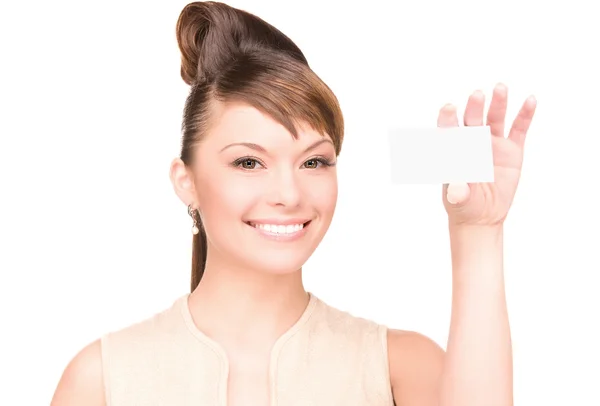 Mulher feliz com cartão de visita — Fotografia de Stock
