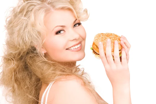 Donna con hamburger — Foto Stock