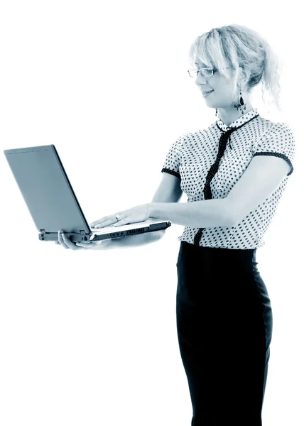 Monochrome portrait or energetic businesswoman with laptop — Stock Photo, Image