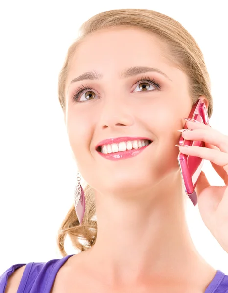 Ragazza felice con il telefono rosa — Foto Stock