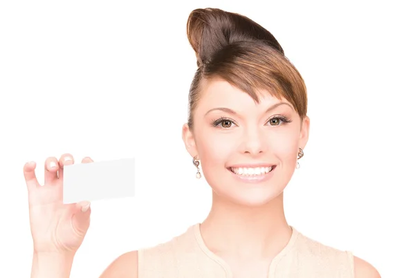 Happy woman with business card — Stock Photo, Image