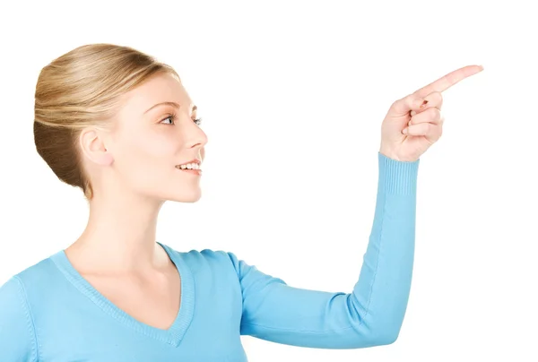 Mulher apontando o dedo — Fotografia de Stock