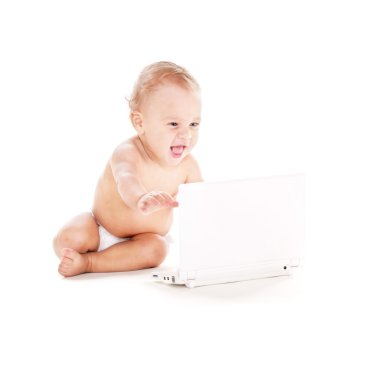 Baby boy with laptop computer clipart