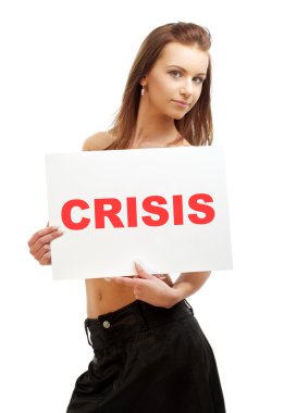 Lovely girl holding crisis word board clipart