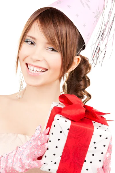 Party girl with gift box — Stock Photo, Image