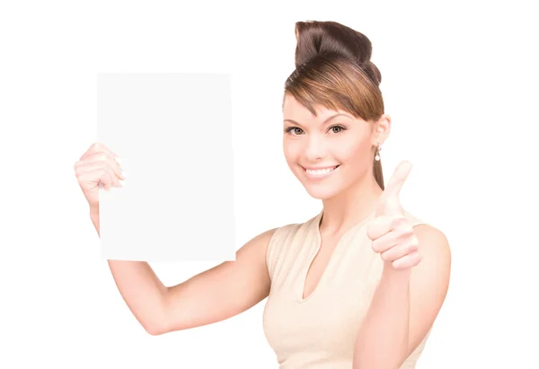 Ευτυχισμένη γυναίκα με λευκό πίνακα — Φωτογραφία Αρχείου