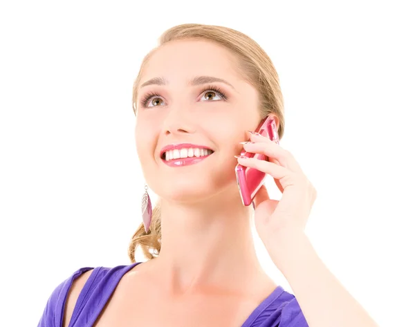Glad tjej med rosa telefon — Stockfoto