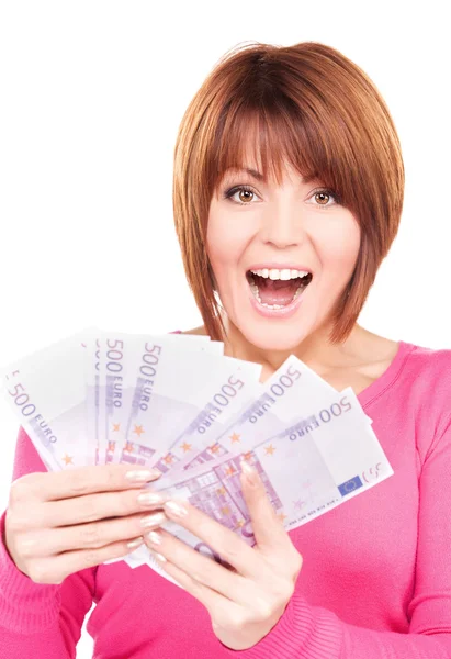Счастливая женщина с деньгами — стоковое фото