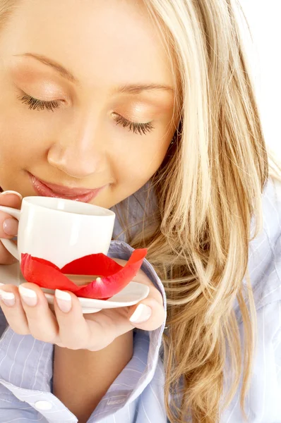 Blond with cup of coffee and chocolate — Stock Photo, Image