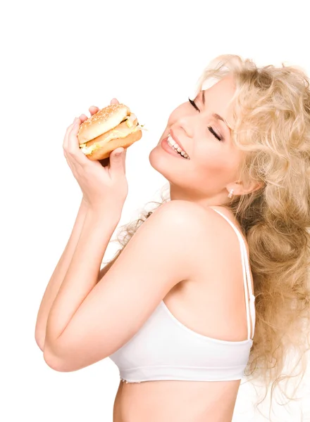 ハンバーガーを持つ女性 — ストック写真