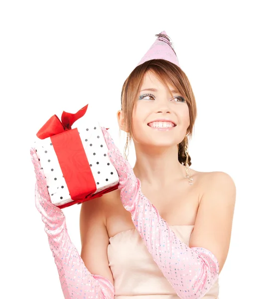 Partij meisje met doos van de gift — Stockfoto