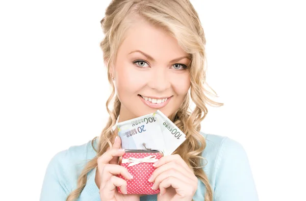 Härlig kvinna med plånbok och pengar — Stockfoto