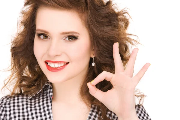 Bright picture of lovely woman showing ok sign — Stock Photo, Image