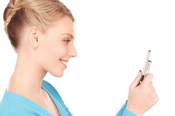 Счастливая женщина с телефоном — стоковое фото