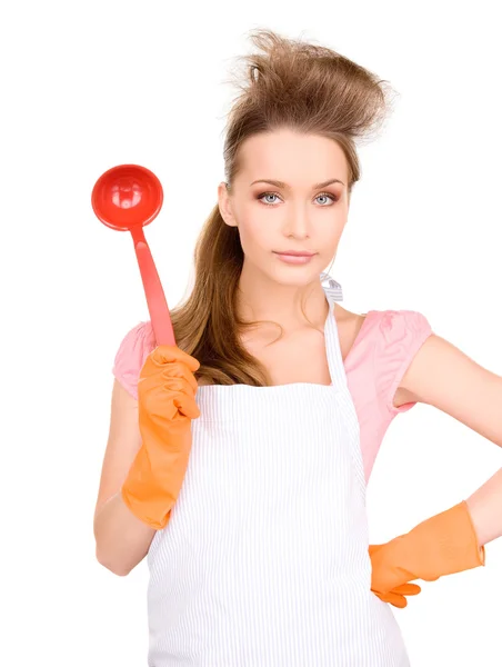 Housewife with red ladle — Stock Photo, Image
