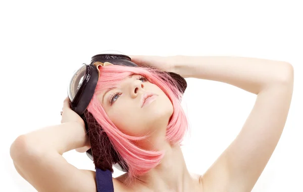 Daydreaming pink hair girl in aviator helmet — Stok fotoğraf
