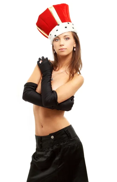 Mädchen in schwarzen Handschuhen und roter Krone — Stockfoto