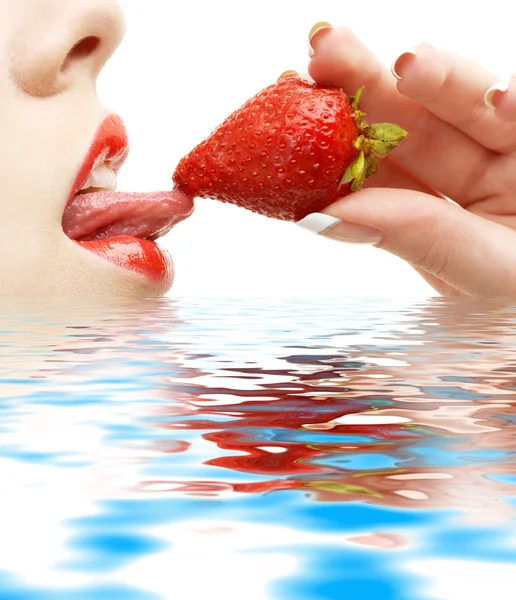 Strawberry, lips and tongue in water — Stock Photo, Image