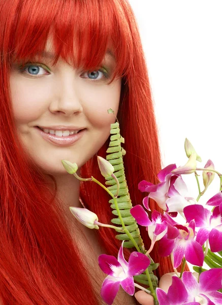 난초와 아름 다운 빨간 머리 — 스톡 사진