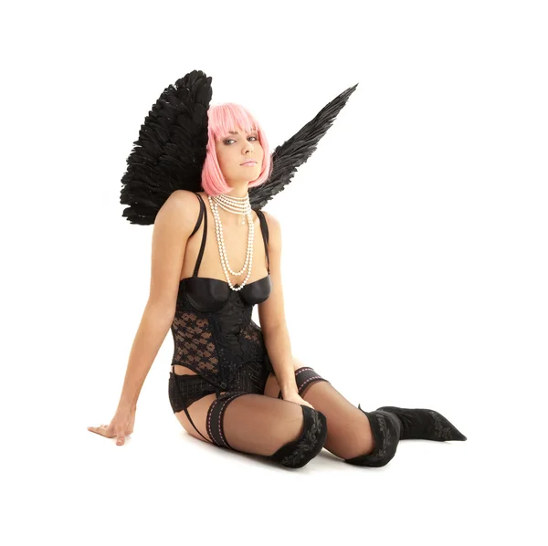 Fekete fehérnemű angyal rózsaszín hajjal — Stock Fotó