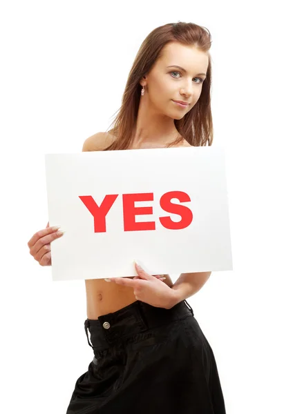 Lovely girl holding yes board — Stock Photo, Image