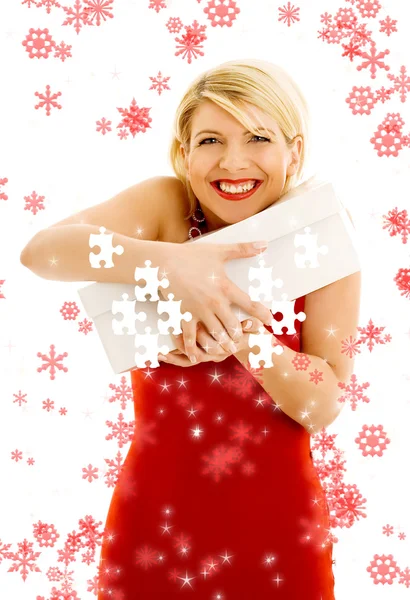 Puzzle vděčný dívka s sněhové vločky — Stock fotografie