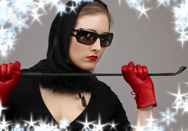 Lady in red gloves with crop — Stock Photo, Image