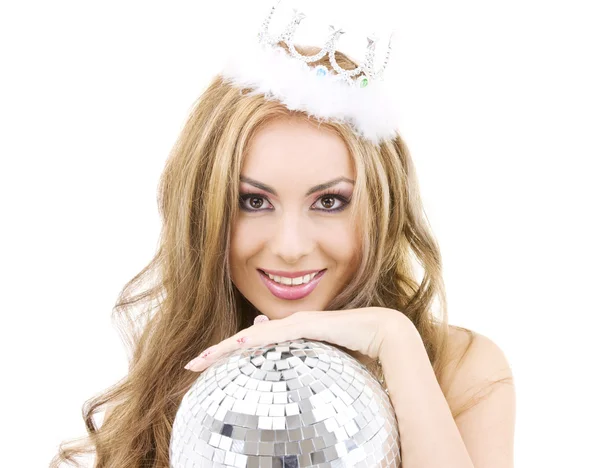Linda fada na coroa com bola de discoteca — Fotografia de Stock