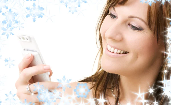 Happy woman with white phone — Stock Photo, Image