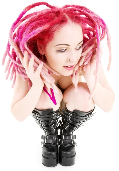 Pink hair girl in high boots — Stock Photo, Image