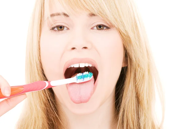 Ευτυχισμένος κορίτσι με οδοντόβουρτσα — Φωτογραφία Αρχείου